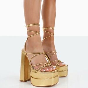 Public Desire Gold Lace Up Strappy Platform Heels (Brand New, Unworn)